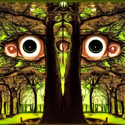 Image similar to the trees have eyes and they're watching me, acid replications, hyperdetailed, cinematic