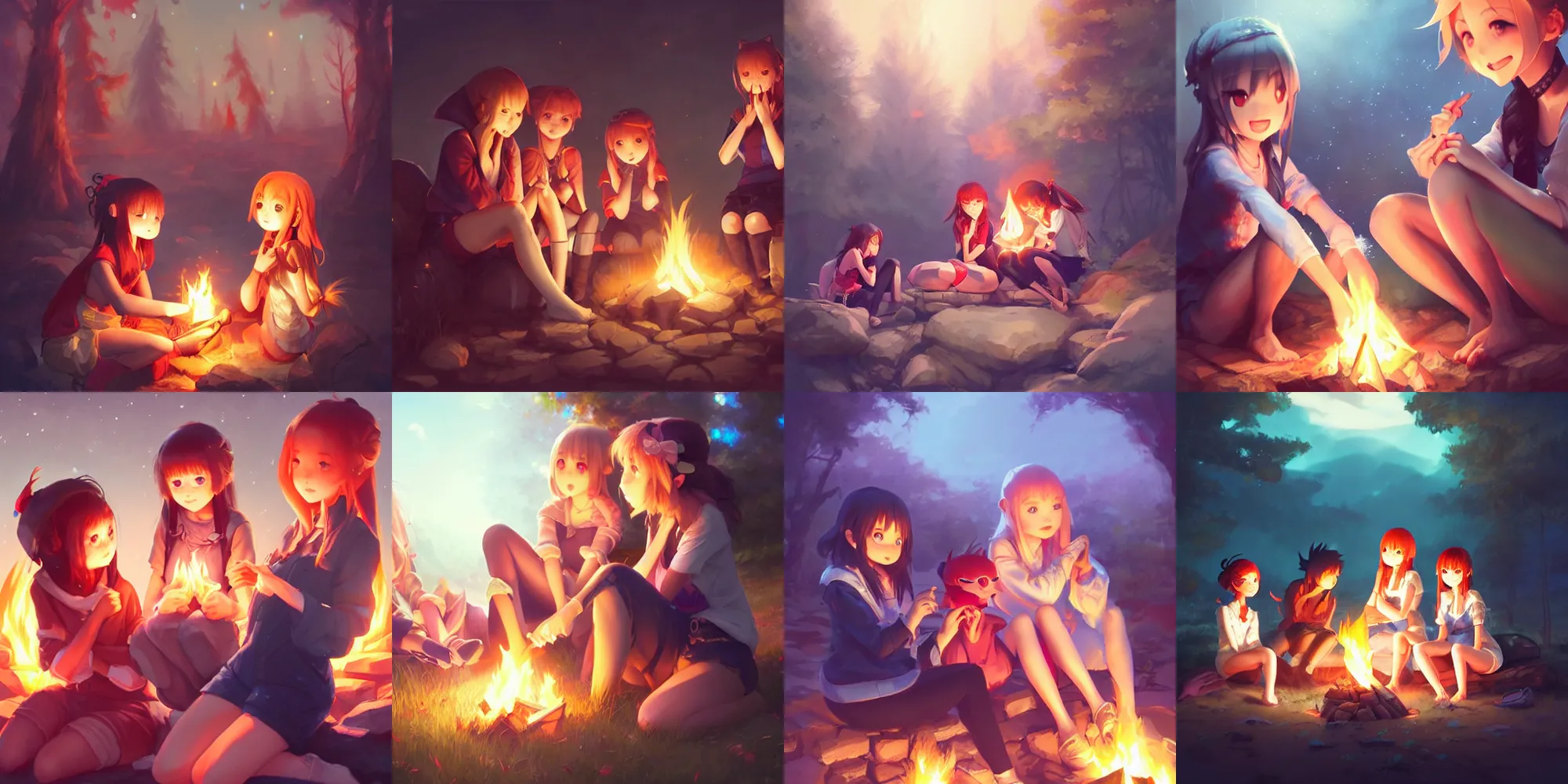 Prompt: very beautiful cute girls sitting around campfire at night, anime, trending on artstation, pixiv, Unreal Engine 4k, Stanley Artgerm Lau, WLOP, Rossdraws, James Jean, Marc Simonetti, Sakimichan, concept art, manga cover