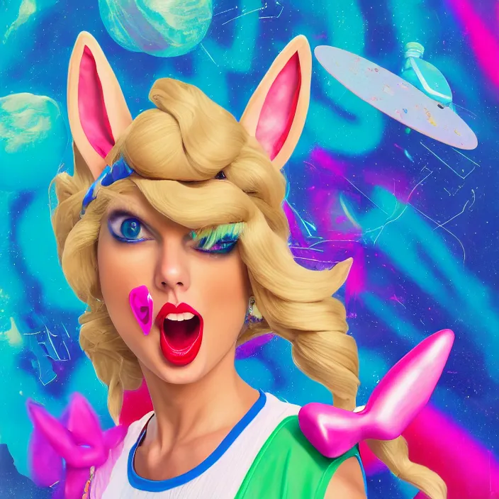 Image similar to portrait of Taylor Swift as Lola Bunny in Space Jam 1996. bunny ears. intricate abstract. intricate artwork. by Tooth Wu, wlop, beeple, dan mumford. octane render, trending on artstation, greg rutkowski very coherent symmetrical artwork. cinematic, hyper realism, high detail, octane render, 8k, iridescent accents