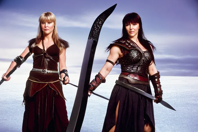 Image similar to xena warrior princes, standing in a frozen landscape holding a sword, tv series, studio lighting