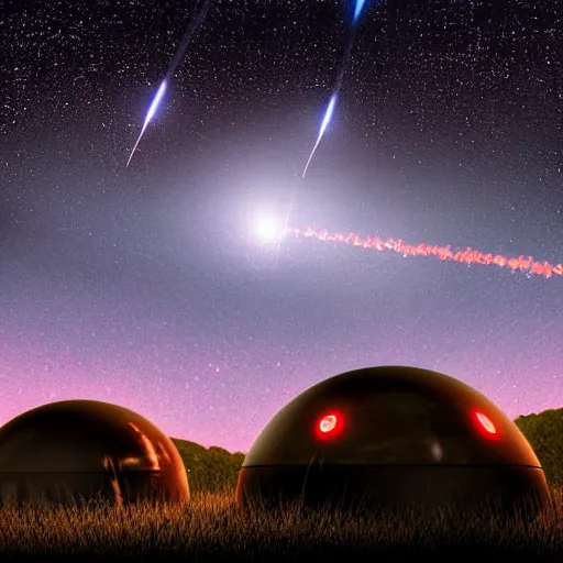 Image similar to A meteor shower illuminating a dark night sky, UFOs are flying around in the atmosphere, highly detailed, digital photo, HDRI, by christopher bretz and kael ngu, vivid colors, high contrast, 8k resolution, intricate, photorealistic, smooth, psychedelic color scheme,