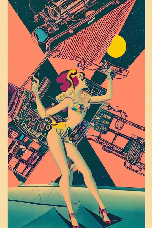 Image similar to a 5 0 s art deco tattooed pinup girl at the interior of an international space station fuill of electronic equipment, poster art by milton glaser, kilian eng, moebius, behance contest winner, psychedelic art, concert poster, poster art, maximalist