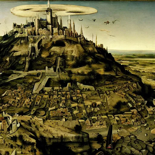 Image similar to Minas Tirith by Bruegel, oil-painting, masterpiece