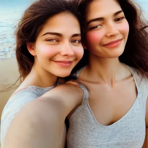 Image similar to beautiful serene intricate portrait of identical twin women, taking a selfie, smiling softly, relaxing on the beach, wearing casual clothes golden hour, soft focus, 8 k, art by irakli nadar, hyperrealism, hyperdetailed, ultra realistic