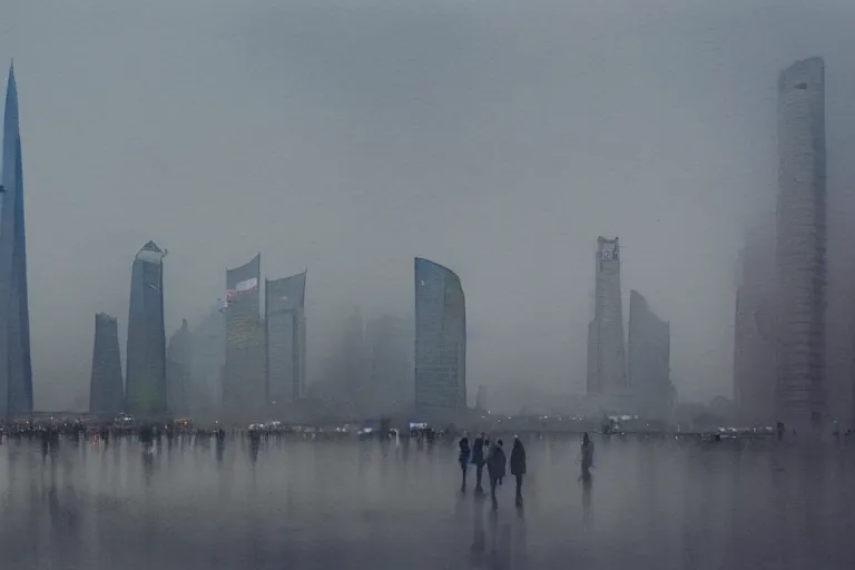 Image similar to A watercolor depicting an empty Lujiazui, gloomy weather, high contrast, smooth, by Joseph Zbikowicz, 8k
