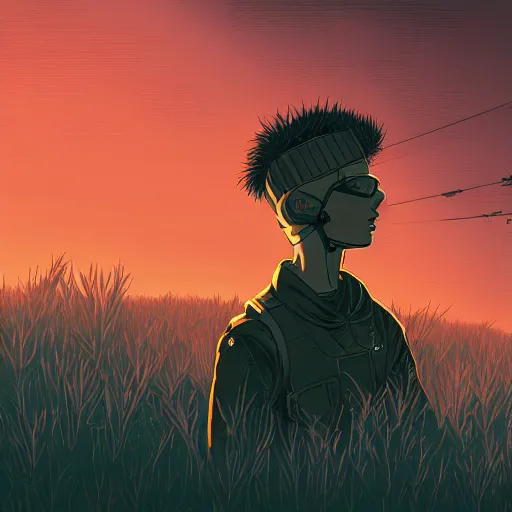 Image similar to in the style of max prentis and deathburger and laurie greasley a young explorer wearing a cyberpunk headpiece sitting in a meadow, sunset, highly detailed, 8 k wallpaper