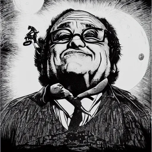 Prompt: Danny Devito riding a moon rocket painted by Dan Hillier