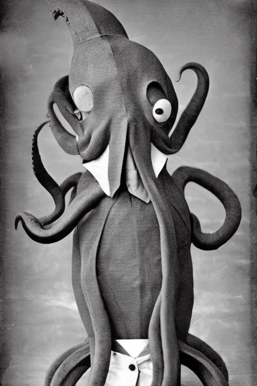 Image similar to anthropomorphic octopus wearing a suit, vintage photograph, sepia