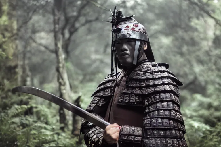 Prompt: A medium close up photo of a samurai warrior wearing high tech armor standing with a katana in his hands in an overgrown ancient valley, cinematic, very shallow depth of field, by Christopher Nolan