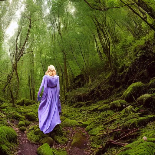 Prompt: the elf queen Galadriel walking in the forest, wide angle, daytime.