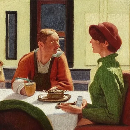 Image similar to by harold harvey over - the - shoulder shot, super mario bros lush, relaxed. a drawing of two people, a man & a woman, sitting at a table. the man is looking at the woman with interest. the woman is not interested in him. there is a lamp on the table between them.