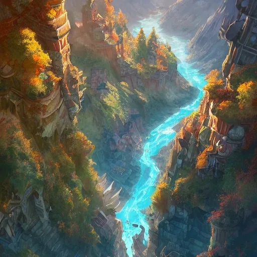 Prompt: a birds eye view overlooking an ancient fantasy city surrounded by mountains and trees of greens and browns, rivers and lakes, the city is burning by Jordan Grimmer, Asher Brown Durand and Ryan Dening, 8k, artstation, beautiful color pallette