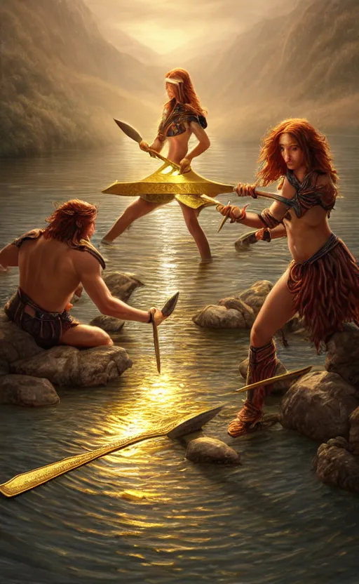 Image similar to lake godness holding gold axe and sliver axe, highly detailed, d & d, water everwhere fantasy, highly detailed, digital painting, trending on artstation, concept art, sharp focus, global illumination, ray tracing, illustration, art by artgerm and greg rutkowski and fuji choko and viktoria gavrilenko and hoang lap