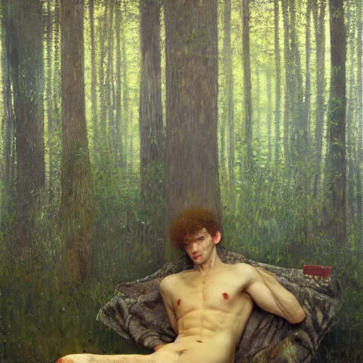 Image similar to detailed and oil painting, hyper realistic | cinematic lighting, award - winning | an unconscious businessman floating in the misty forest | by austin osman spare, by gustav klimt, by william waterhouse and tom bagshaw | trending on artstation, cgsociety, official art, octane.