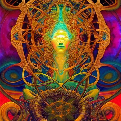 Image similar to psychedelic ayahuasca artwork of esao andrews frank xavier leyendecker, energy body, sacred geometry, esoteric art, divinity detailed, saturated colors,