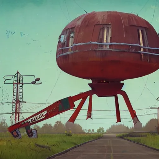 Image similar to an abandoned giant crane shaped like a beetle, art by simon stalenhag