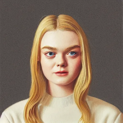 Image similar to professional painting of Elle Fanning in the style of Quint Buchholz, head and shoulders portrait, symmetrical facial features, smooth, sharp focus, illustration, intricate, stormy weather, extremely detailed masterpiece,