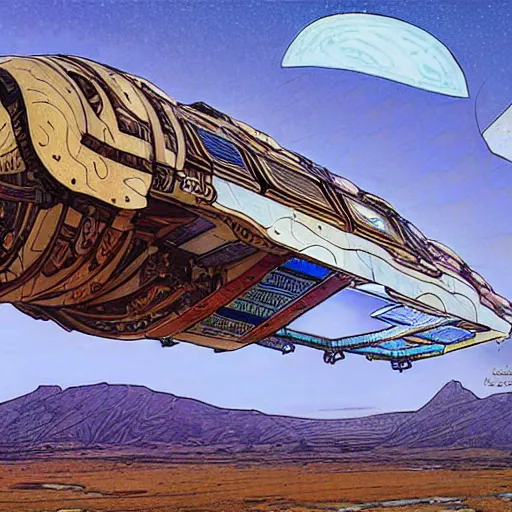 Image similar to solarpunk art nouveau spaceship skyship mecha made of mystical wood and cloth, tribal intricate design mechanical, dynamic 360 wide angle shot vehicle 2d cinematography by moebius