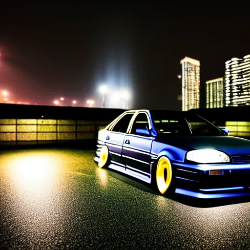 Image similar to a car JZX100 twin turbo at illegal car meet, Chiba prefecture, city midnight mist lights, photorealistic, highly detailed, 50MM