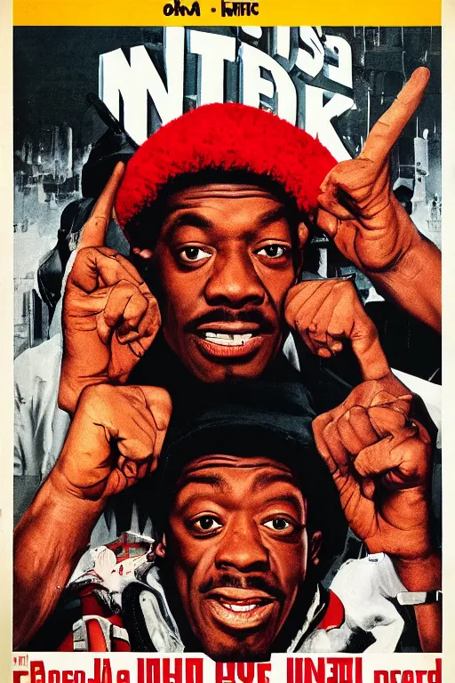 Prompt: poster the movie 1 9 8 8 ussr don't be a menace to south central while drinking your juice in the hood, perfect symmetrical eye, soviet russian winter fur hat ushankas