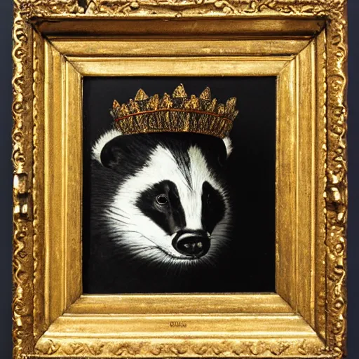 Image similar to a renaissance style portrait by Dali of an European badger wearing a crown and a cape, dark background