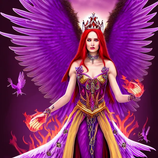 Image similar to Princess sorceress with red flaming bird wings on her back and sitting on an ornate throne dressed in a fancy long purple dress, beautiful realistic symmetrical defined face, Slight smile and open eyes, anatomically correct, Fantasy, Full Portrait, High detail, realistic, planeswalker