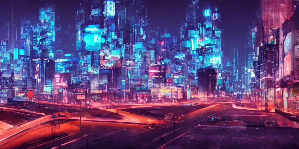 Image similar to A city landscape at night, neon ligths, hyperrealistic, V-Ray 8k UHD, trending on artstation, Futurism, Art Nouveau, blue sky