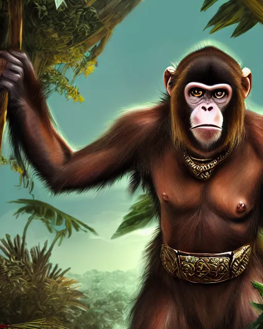Prompt: fury art, an anthro ape monkey wearing a fantasy armor, jungle background, large cape, 3 d, 8 k, extremely detailed, trending on furaffinity, trending on artstation, award winning, sharp focus, illustration