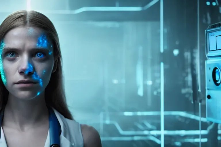 Image similar to promotional image from a dystopian sci - fi movie, a girl in a dark dystopian lab, blue lighting, muted colors, medical equipment, 8 k, cinematic, dramatic lighting, very detailed face, movie still frame, promotional image, imax 7 0 mm footage