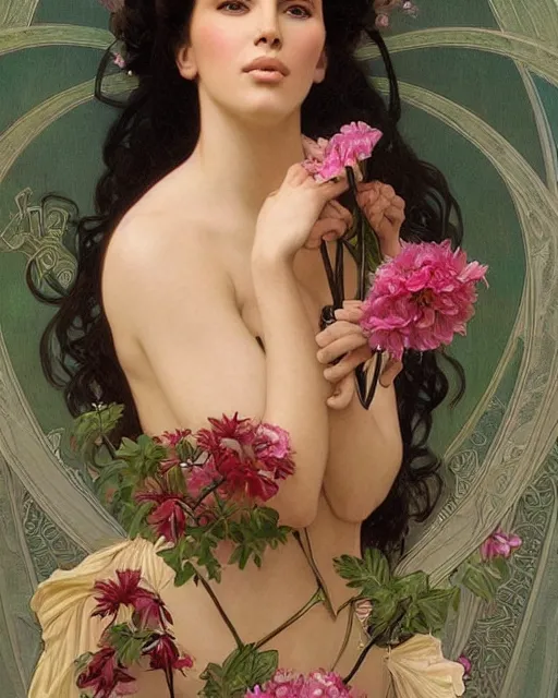 Image similar to an art nouveau portrait painting of a shy, blushing, kim kardashian as a princess lying among flower petals, hair fanned around, intricate, elegant, highly detailed, artstation, concept art, by krenz cushart and donato giancola and william adolph bouguereau and alphonse mucha