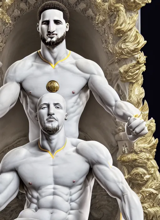 Image similar to a statue made of white marble with gold veins, of klay thompson reading the newspaper and petting his bulldog, full body shot, perfect symmetrical body, perfect symmetrical face, hyper realistic, hyper detailed, by johannen voss, by peter kemp, by monia merlo, by michelangelo, octane render, blender, 8 k