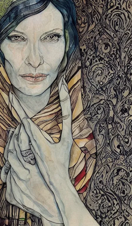 Prompt: cate blanchet , hanging scroll, ink and colours on silk, high detail