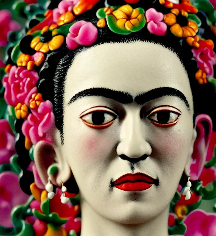 Prompt: Frida Kahlo , A Close up photo-real delicate ceramic porcelain sculpture of a symmetrical ornate detailed in front of an intricate background by Victo Ngai and takato yamamoto, micro detail, backlit lighting, face in focus, subsurface scattering, translucent, thin porcelain, octane renderer, colorful, physically based rendering, japanese pottery, trending on cgsociety