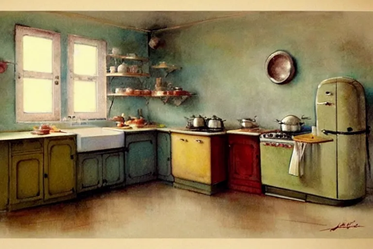 Image similar to ( ( ( ( ( 1 9 5 0 s retro kitchen interior scene. muted colors. ) ) ) ) ) by jean - baptiste monge!!!!!!!!!!!!!!!!!!!!!!!!!!!!!!