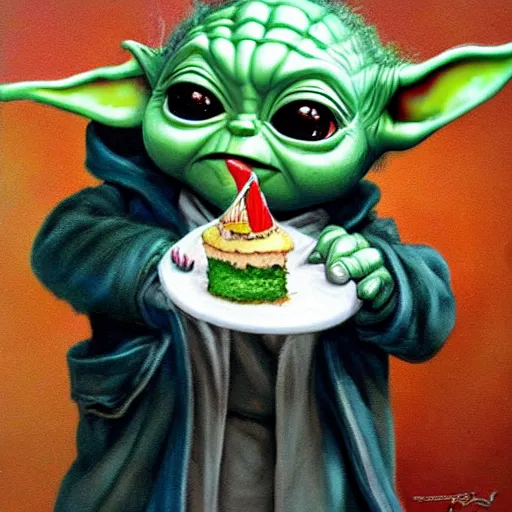 Prompt: (baby yoda grogu) smashing birthday cake into his face, happy birthday, happy birthday candles, mischievous, inquisitive, devious, hilarious, funny, birthday PRESENTS, style of Ralph Horsley, by Ralph Horsley