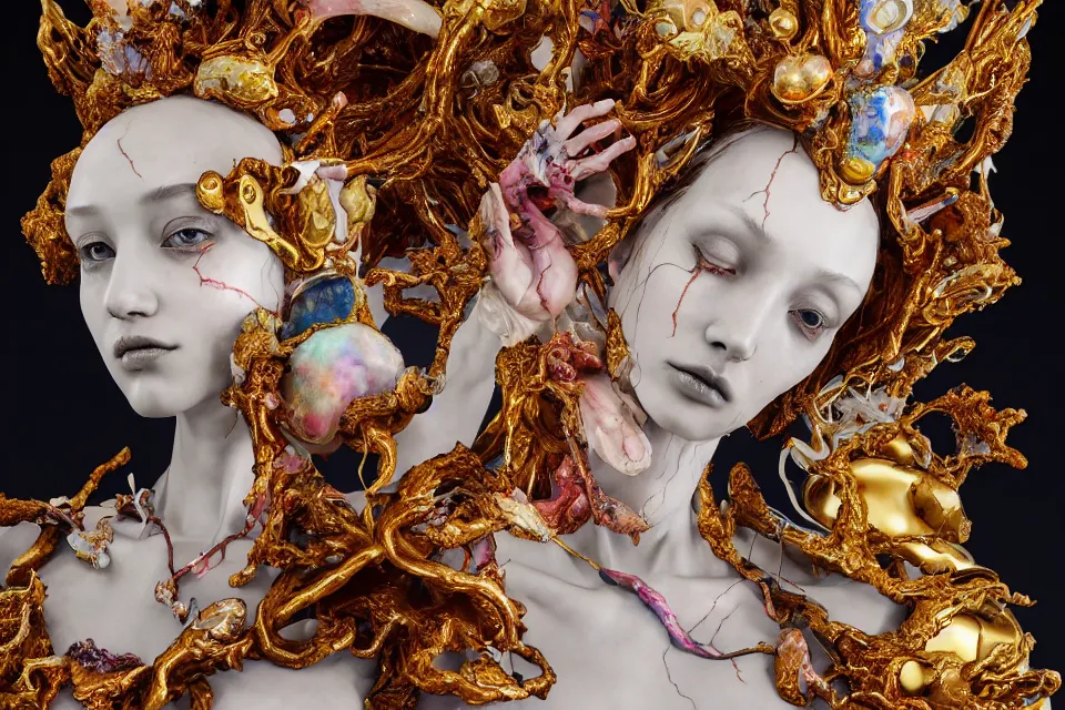 Prompt: Cinestill of A heartbreaking realistic 8k Bernini Sculpture of a stunning intricate cracked multicolored milky cosmic marble Evangelion Fallen Angel Devil Queen adorned in sentient mycelium mystical jewelry and ancient Empress crown and misty xparticles. by Yoshitaka Amano, Daytoner, Greg Tocchini, Scattered golden flakes, Hyperrealism. Subsurface scattering. Octane Render. Weirdcore, perfect face.