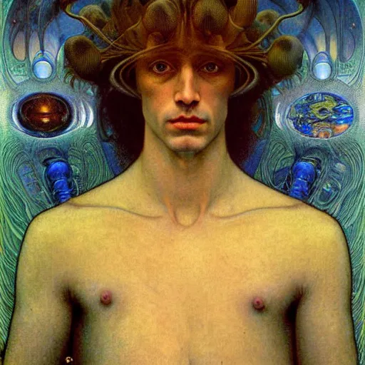 Image similar to realistic extremely detailed portrait painting of an average man ,futuristic , by Jean Delville, Amano, Yves Tanguy, Alphonse Mucha, Ernst Haeckel, Edward Robert Hughes, Roger Dean, rich moody colours, blue eyes