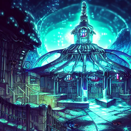 Image similar to a beautiful detailed anime illustration of architecture catacomb by zack snyder, at dusk uv light at winter alien gem at night fantasy elysian retro infrared poppy nightvision neon noir anime crystal dramatic lightning, archdaily, wallpaper, highly detailed, trending on artstation.