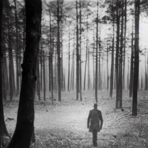 Prompt: a shadow man standing in the distance inside of a forest, taken on a ww2 camera.