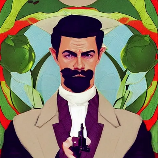 Image similar to Young Spanish man is Super Spy Captain, the Electric Boy, Art by Joshua Middleton, socks, Rene Magritte, succulent plants Chalk white skin, deep purple hair, Green eyes, Orange background, Mucha, Portrait of the man, surreal, ,carbon black and antique gold