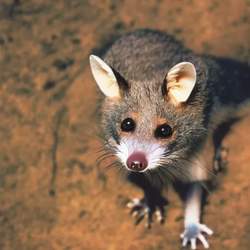 Image similar to a low angle photo of a possum fox hybrid, at the golden hour, sunset, sunrise, warm lighting, strongshadows, photo by slim aarons, award winning, 4 k, from below, worms - eye - view, low angle