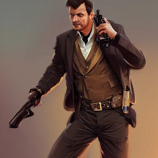 Image similar to mustle manly man holding a gun, elegant, dynamic pose, highly detailed, digital painting, artstation, concept art, matte, sharp focus, illustration, art by Artgerm and Greg Rutkowski and Alphonse Mucha