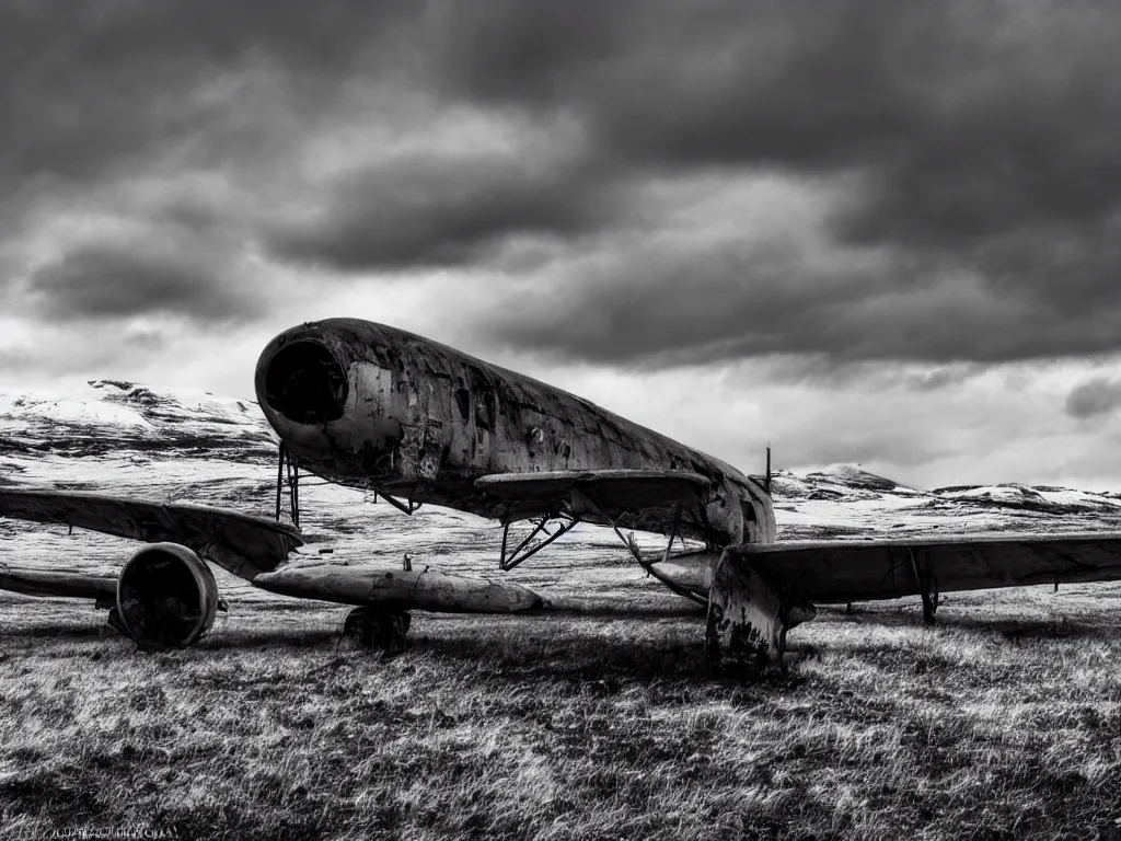 Prompt: a wide angle HDR photograph of an abandoned aeroplane in a field in Iceland, snowy mountain backdrop with moody clouds, shot from low angle