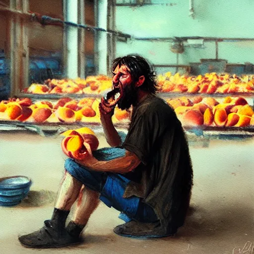 Image similar to feral man eating peaches in a factory, hunched over, mild mild impressionism, factory background, sharp colors, by greg rutkowski and asher duran