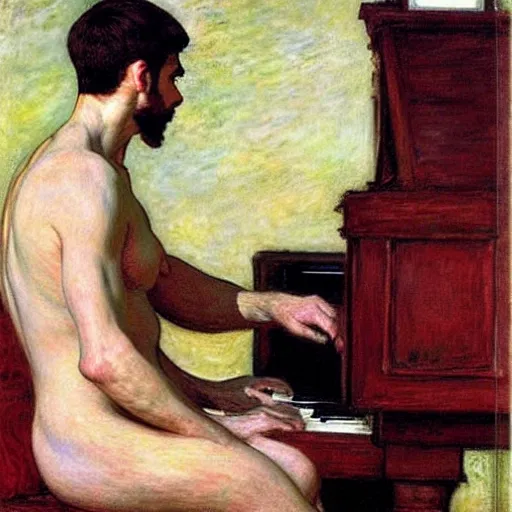 Image similar to attractive man playing piano, painting by tom of finland, john william waterhouse, claude monet