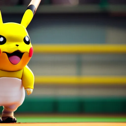 Image similar to live action shot of a baseball game with pikachu up for bat, highly detailed, extremely high quality, hd, 4 k, 8 k, canon 3 0 0 mm, professional photographer, 4 0 mp, lifelike, top - rated, award winning, realistic, detailed lighting, detailed shadows, sharp, no blur, edited, corrected, trending