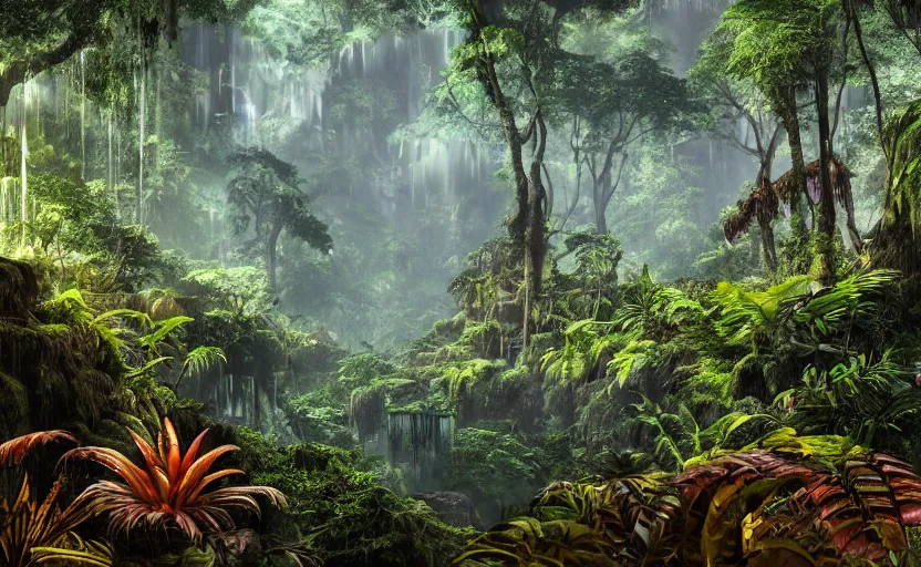 Image similar to a beautiful render of a dark prehistoric rainforest in a humongous cave, lush flora, patches of sky, magenta, green, sunset, floating mountains and a waterfall in the background, intricate detail, hazy, humid, volumetric lighting, 8 k, photorealistic, raytracing effects, unreal engine 5