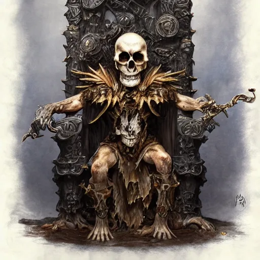 Prompt: an Evil necromancer sitting on a throne made of skull, Justin Gerard, realistic painting, Digital art, very detailed, High definition, trending on Artstation