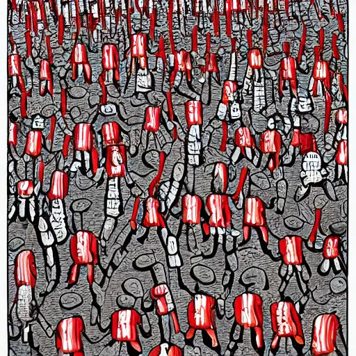 Prompt: Where's Waldo, in the style of Philip Guston