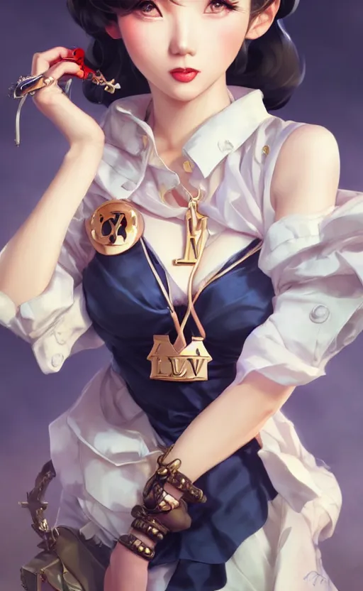 Image similar to a pin up and beautiful fashion and charming and dreamlke japan girl with lv jewelry, character art, art by artgerm lau and kyoung hwan kim and and ilya kuvshinov and john singer sargent, hyperdetailed, 8 k realistic, symmetrical, frostbite 3 engine, cryengine, dof, trending on artstation, digital art